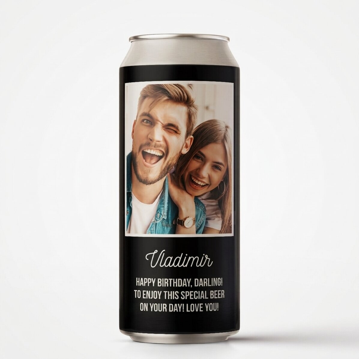 Cerveza en lata personalizada con una foto y un mensaje
