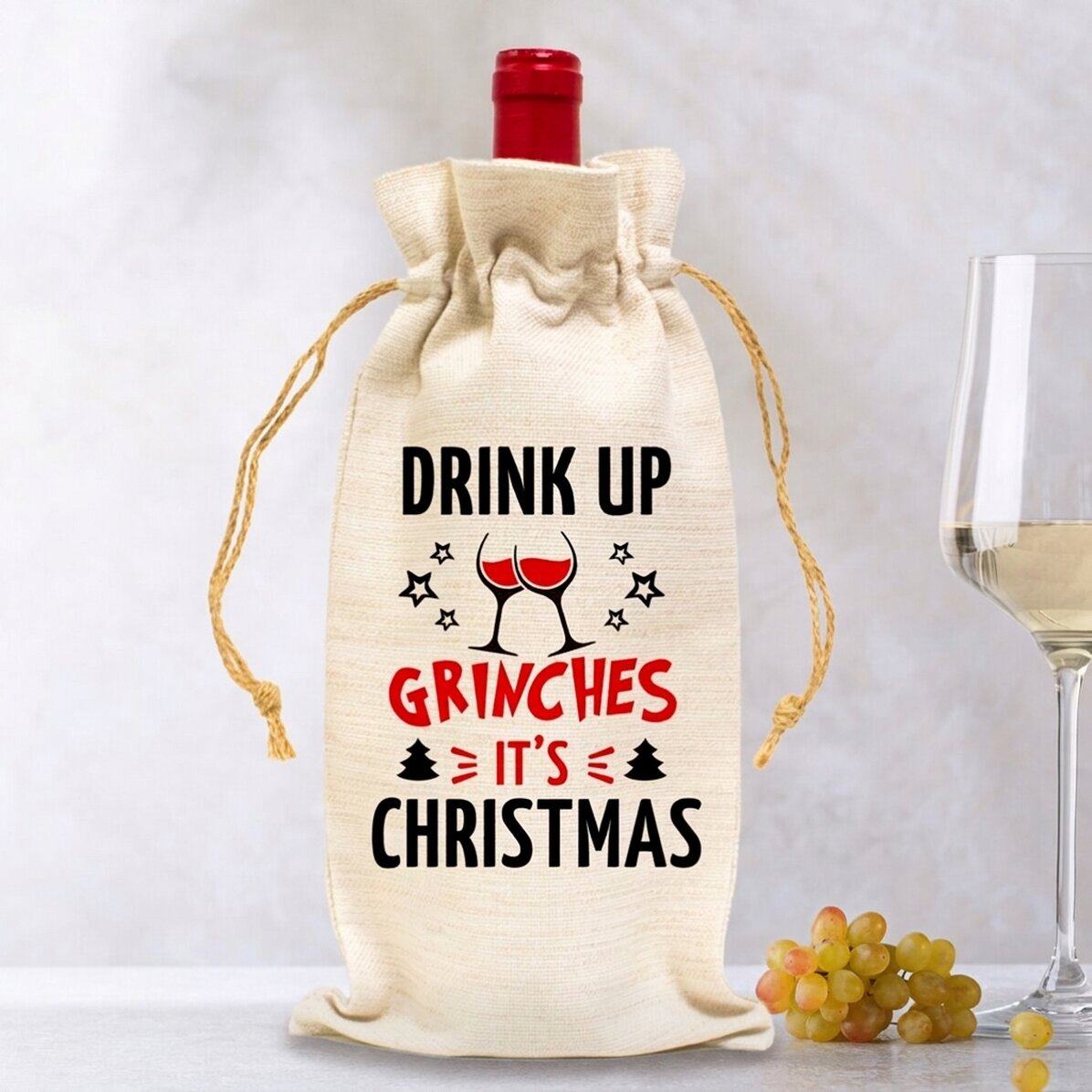 Bolsa personalizada para botella de vino - Drink up Grinches