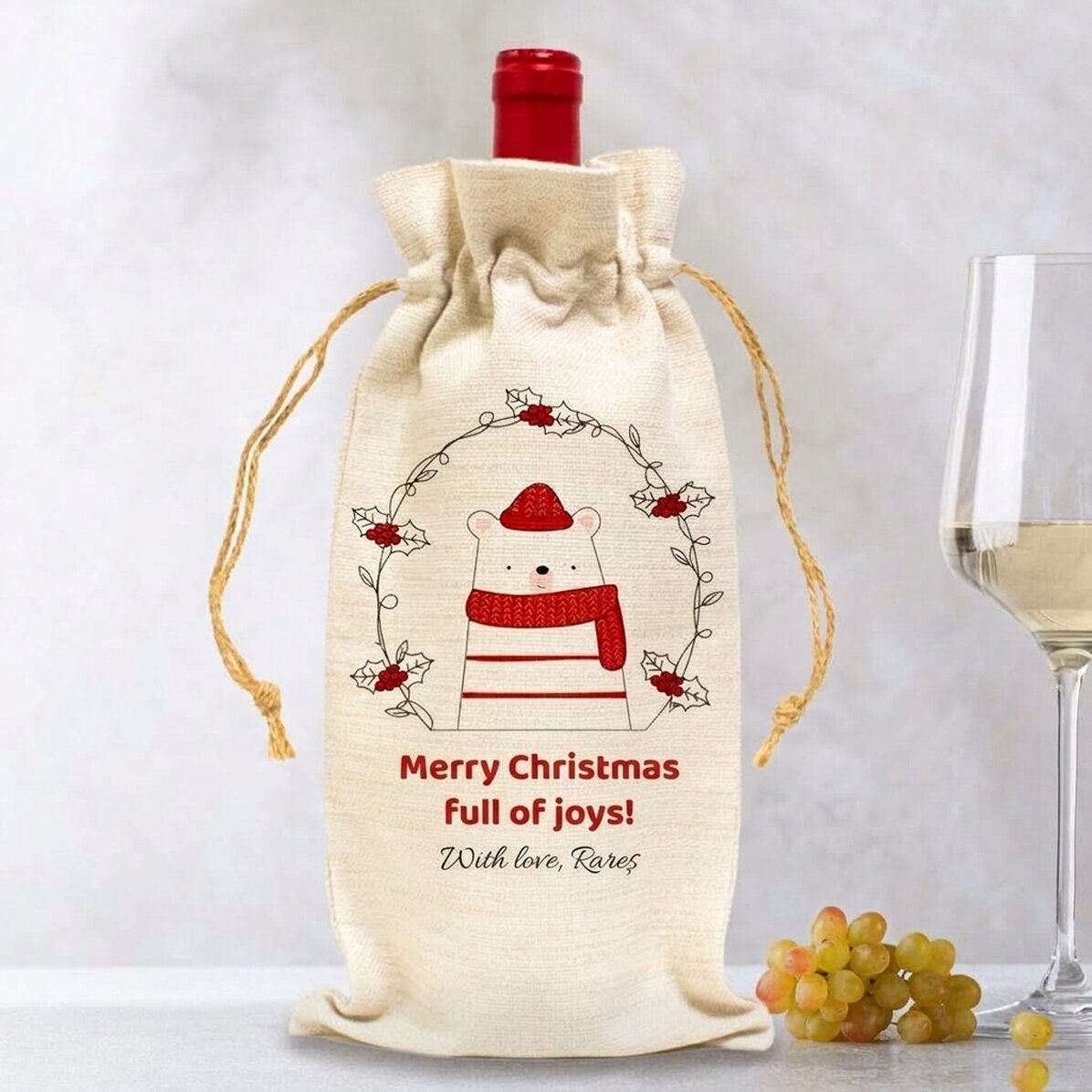 Bolsa personalizada para botella de vino - Modelo «Osito navideño»