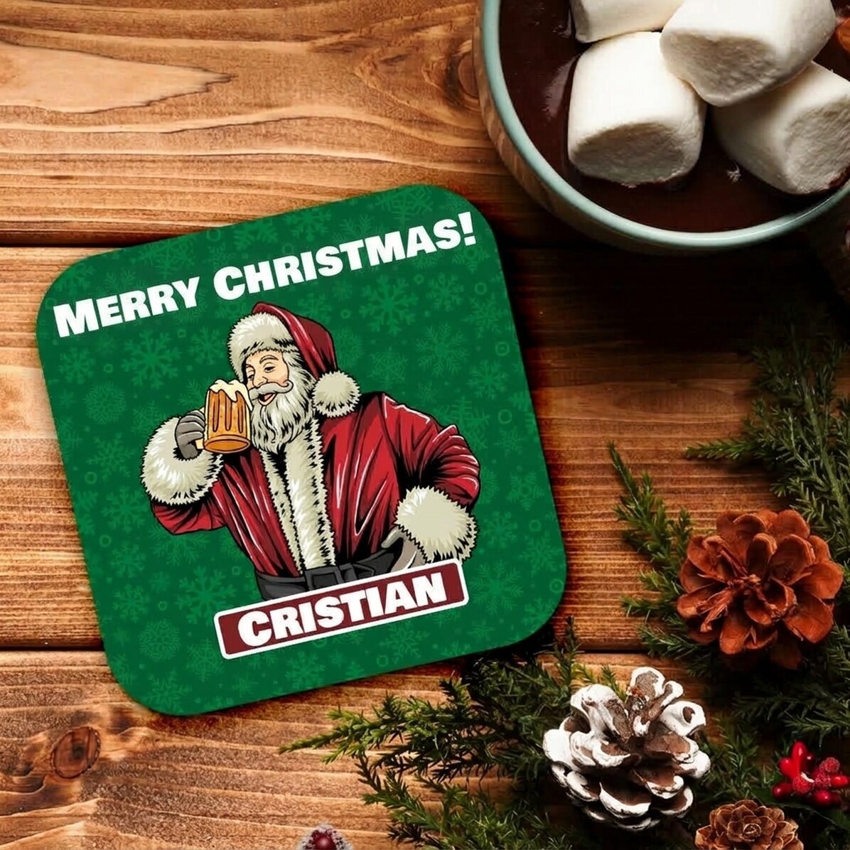 Portavasos personalizado con texto: Papá Noel con cerveza
