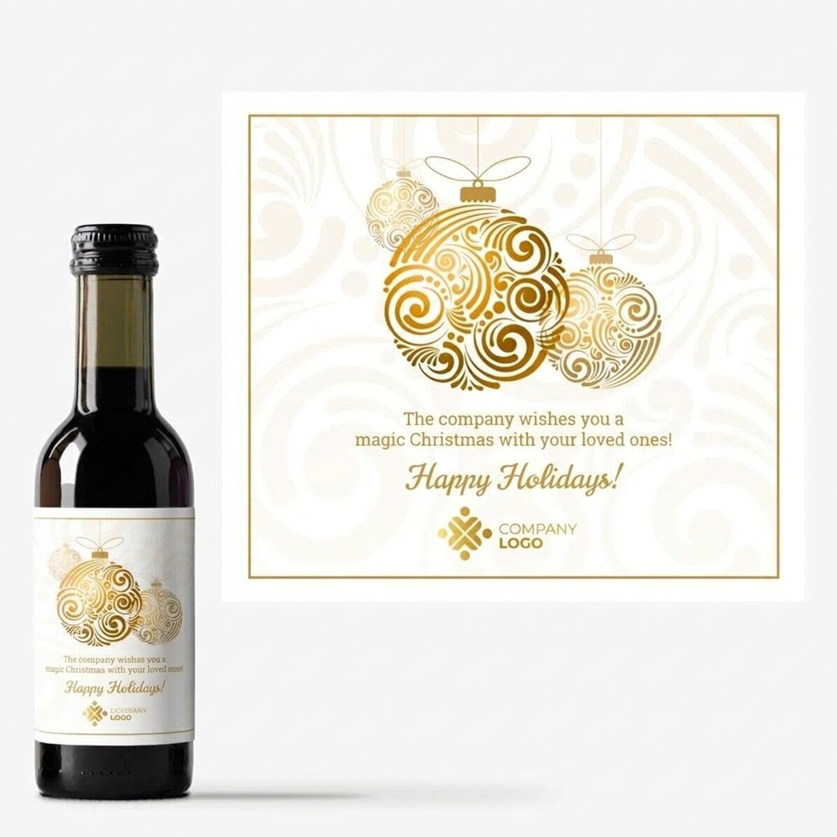 Mini botella de vino personalizada con logotipo y mensaje - Bolas de Navidad doradas