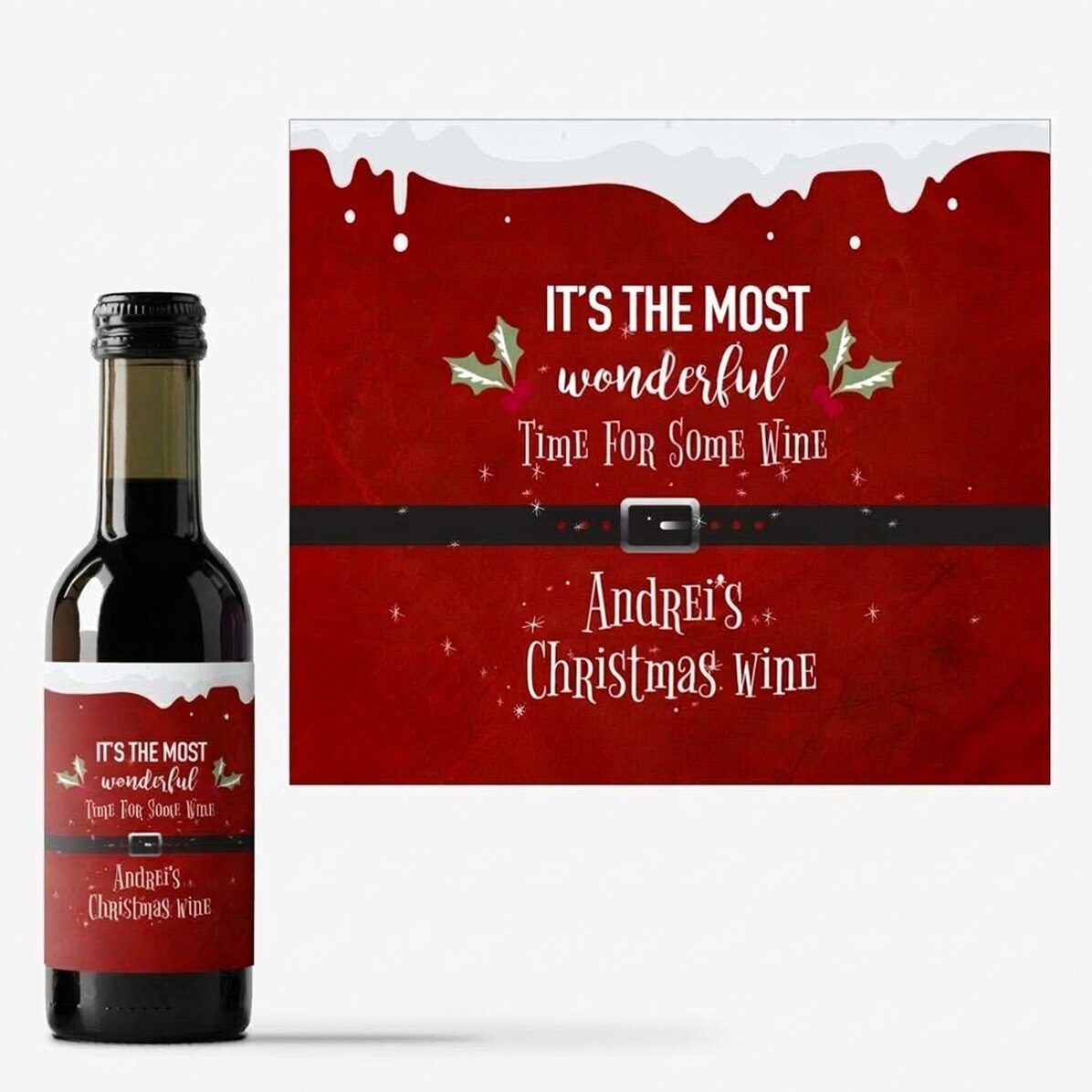 Mini botella de vino personalizada con texto: «Most wonderful time»