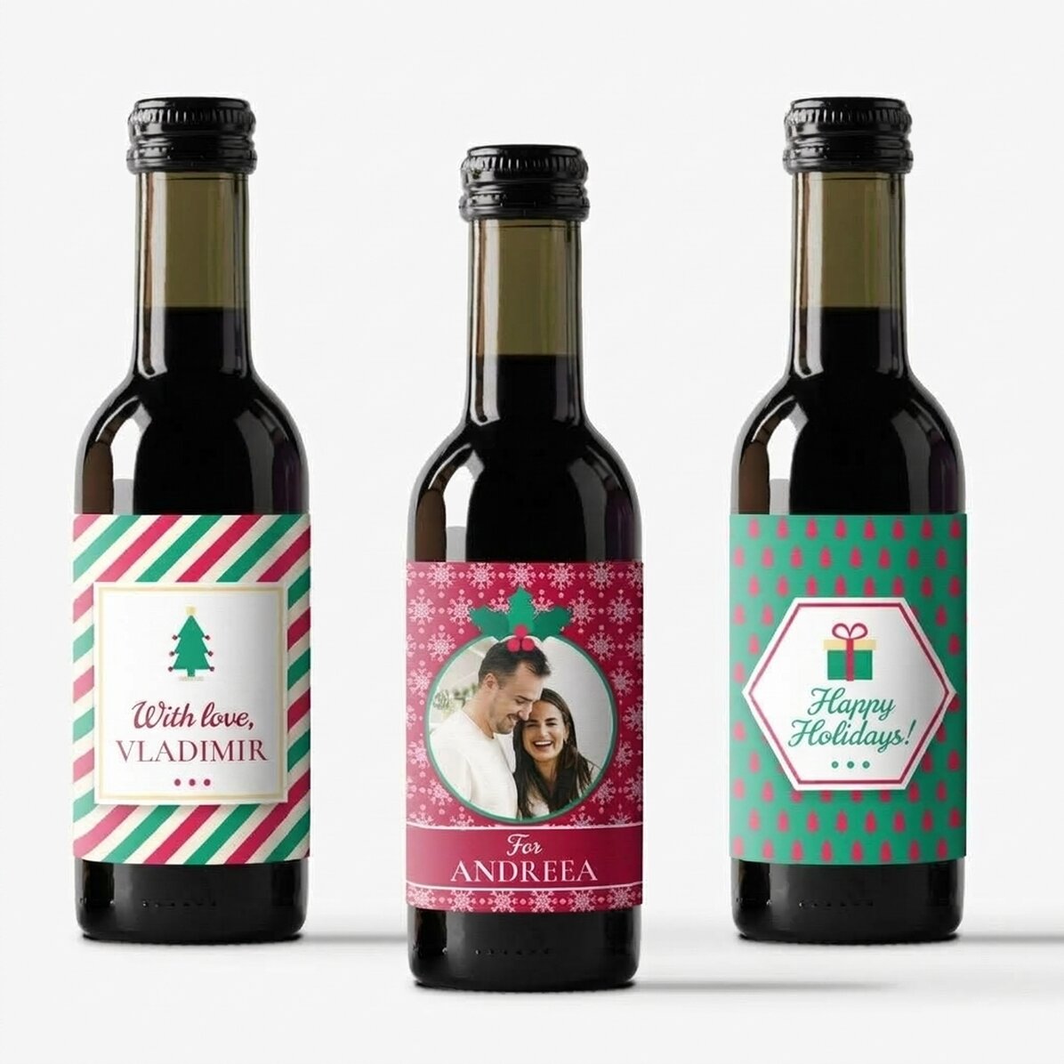 Lote de 3 mini botellas de vino personalizadas con una foto y un texto: ¡Feliz Navidad!