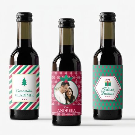 Lote de 3 mini botellas de vino personalizadas con una foto y un texto: ¡Feliz Navidad!