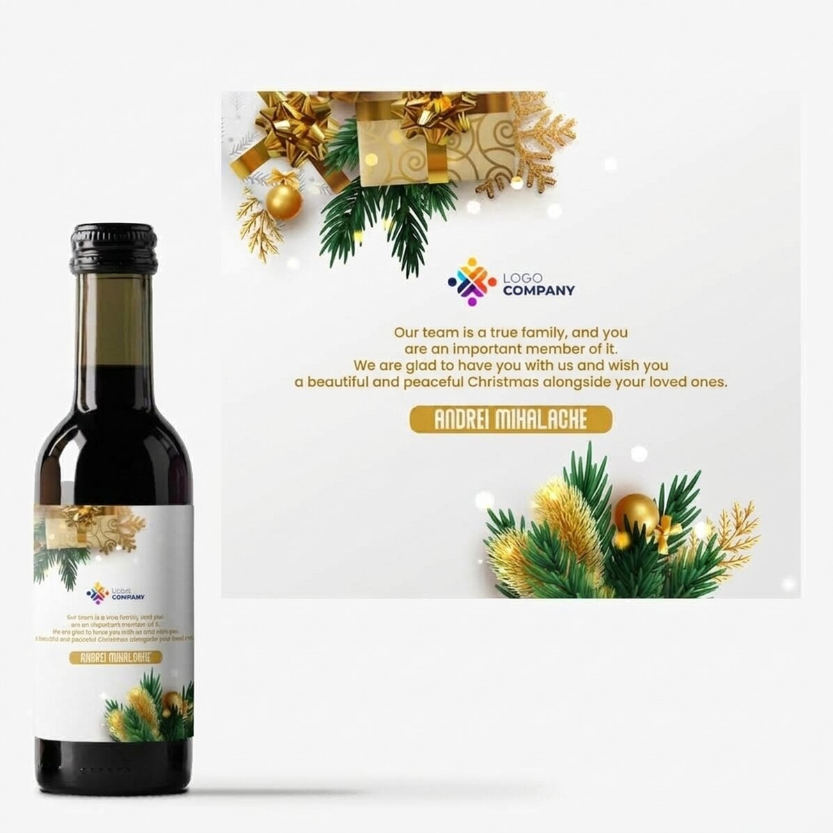 Mini botella de vino personalizada con mensaje y logotipo - Una historia festiva
