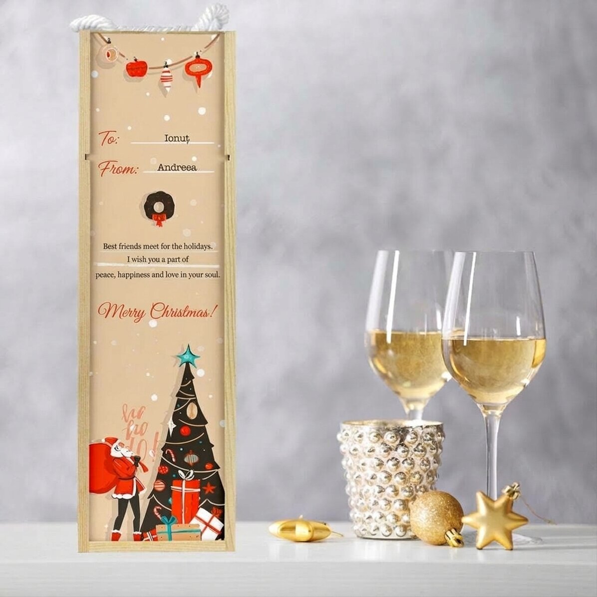 Caja de vino personalizada con un mensaje navideño: un mensaje para tus seres queridos