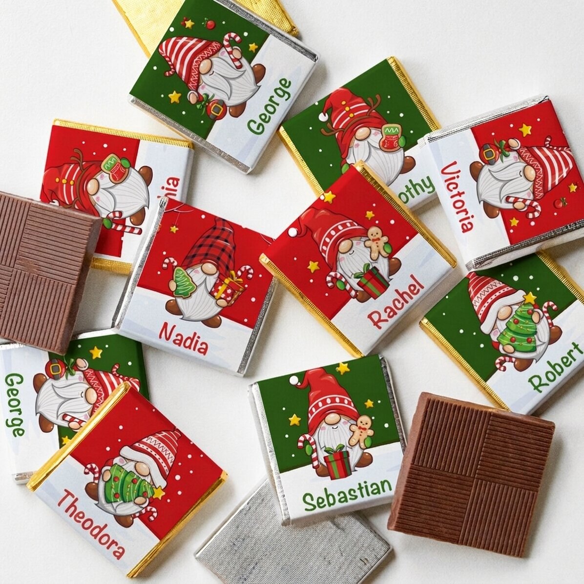 Lote de 10 minichocolates personalizados con nombre - Gnomos de Navidad