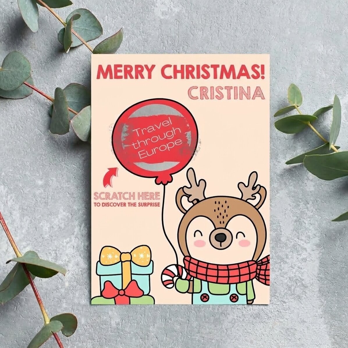 Tarjeta de Navidad personalizada para rascar - Reno con globo