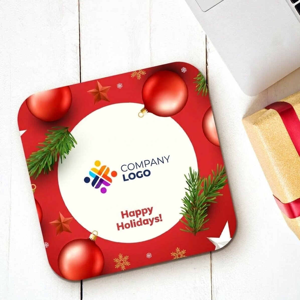 Portavasos personalizado con logotipo y texto: «Felices fiestas»