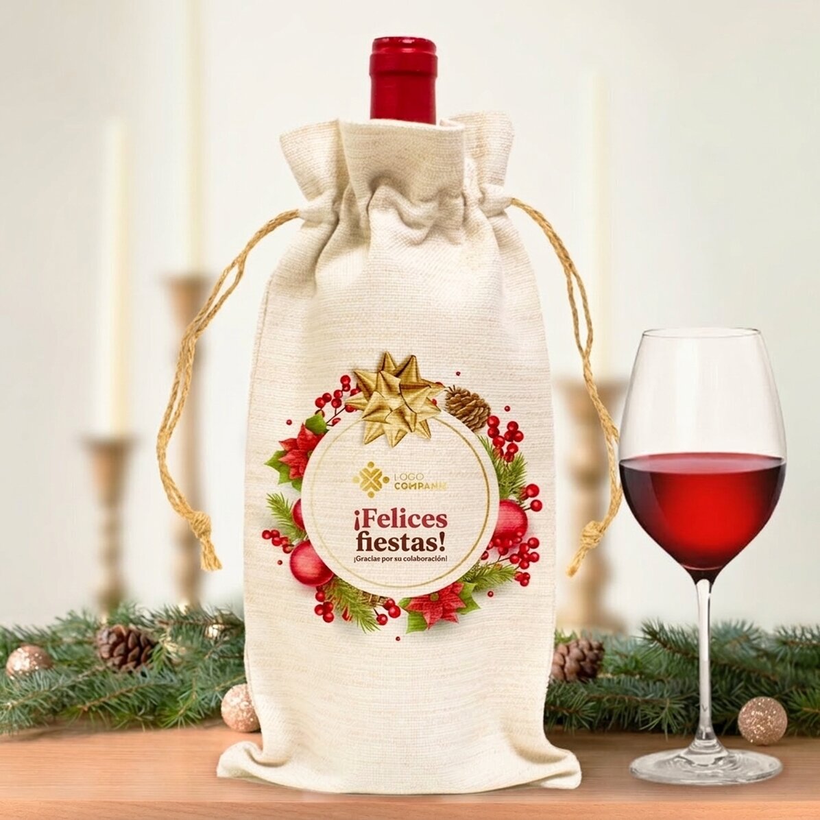 Bolsa personalizada para botella de vino con logotipo y texto: «Felices fiestas»