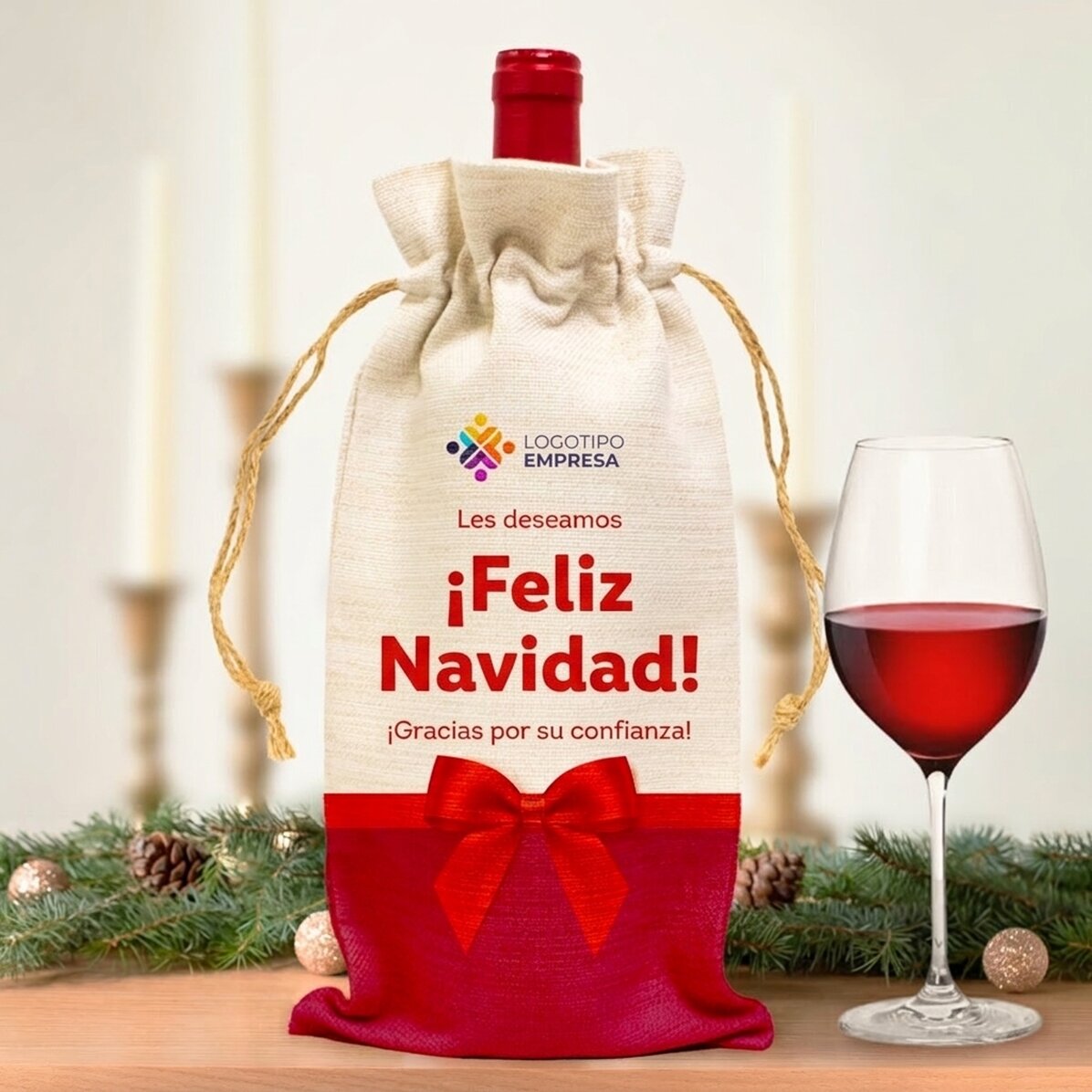 Bolsa personalizada para botella de vino con logotipo y mensaje especial de Navidad