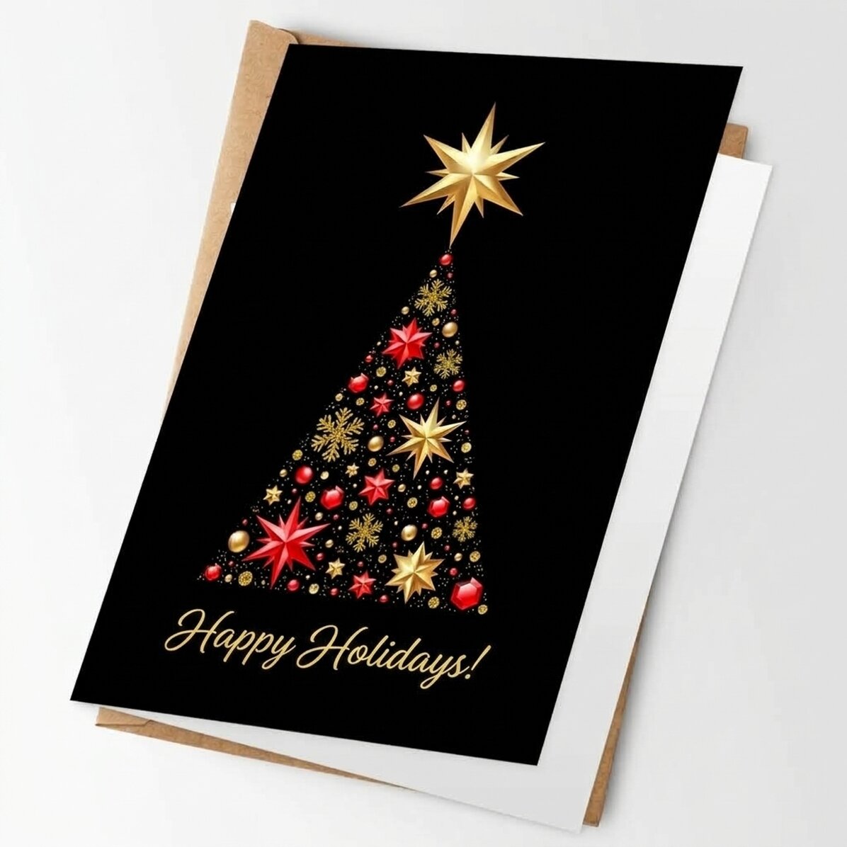 Tarjeta de felicitación personalizada con logotipo y mensaje - Árbol de Navidad dorado