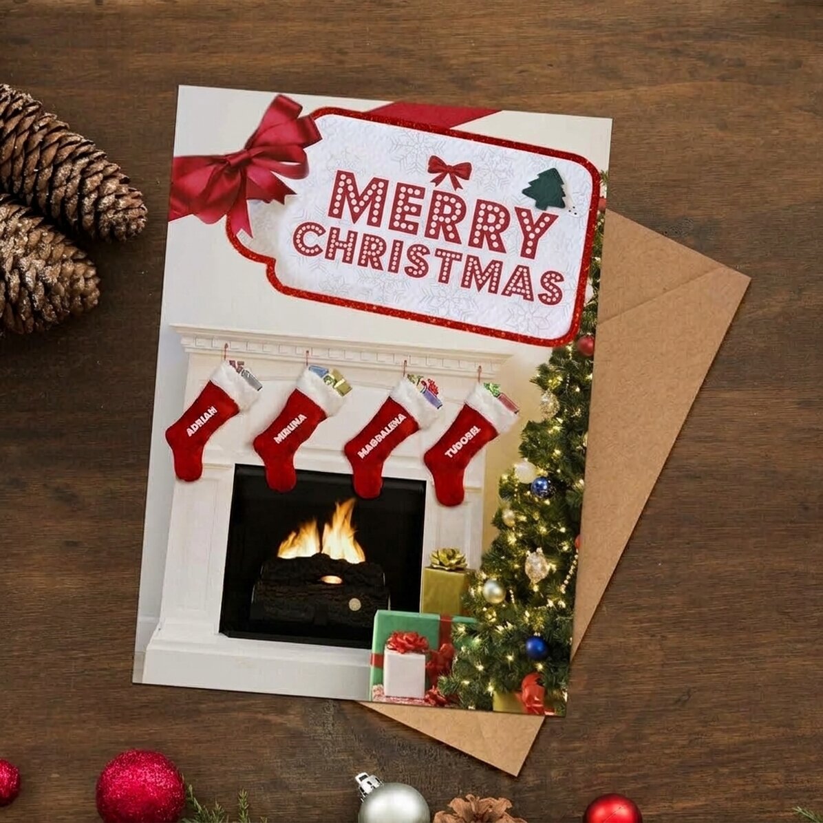 Tarjeta magnética personalizada con mensaje navideño: «Calcetines en la chimenea»