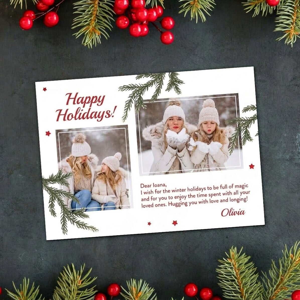 Tarjeta magnética personalizada con dos fotos y un mensaje de Navidad