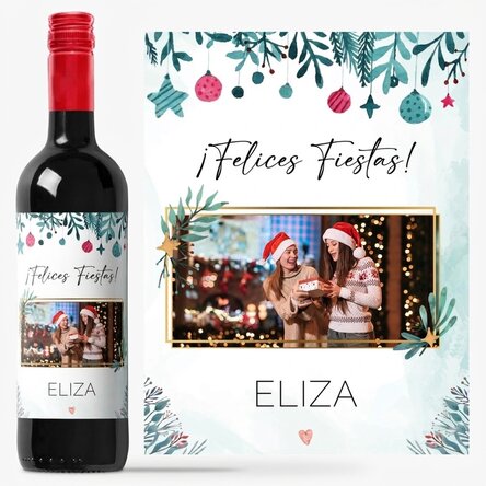 Vino personalizado con una foto y un mensaje: «Felices fiestas»