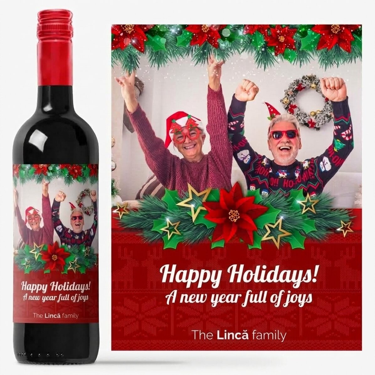 Vino personalizado con una foto y un mensaje de felicitación navideña para los abuelos