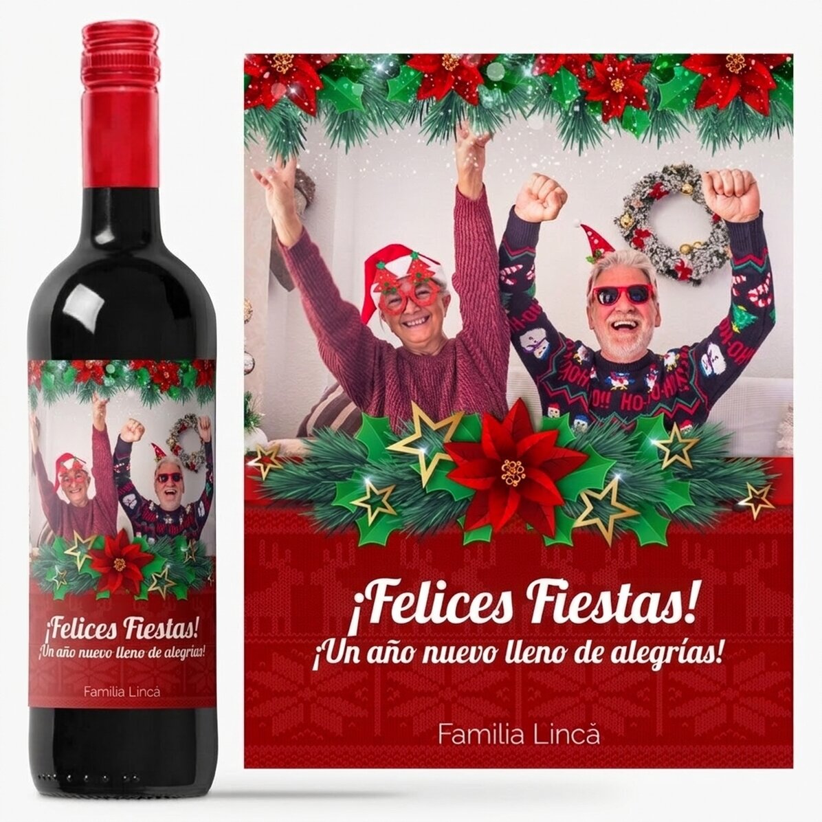 Vino personalizado con una foto y un mensaje de felicitación navideña para los abuelos