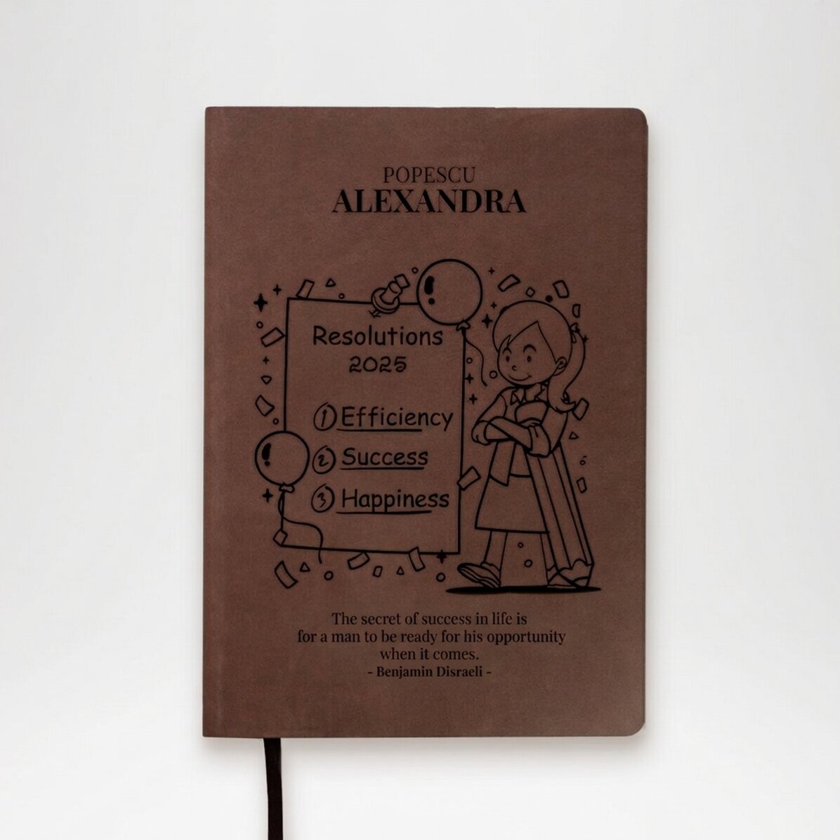 Agenda de piel personalizada con una cita motivadora: los propósitos de Año Nuevo para ella