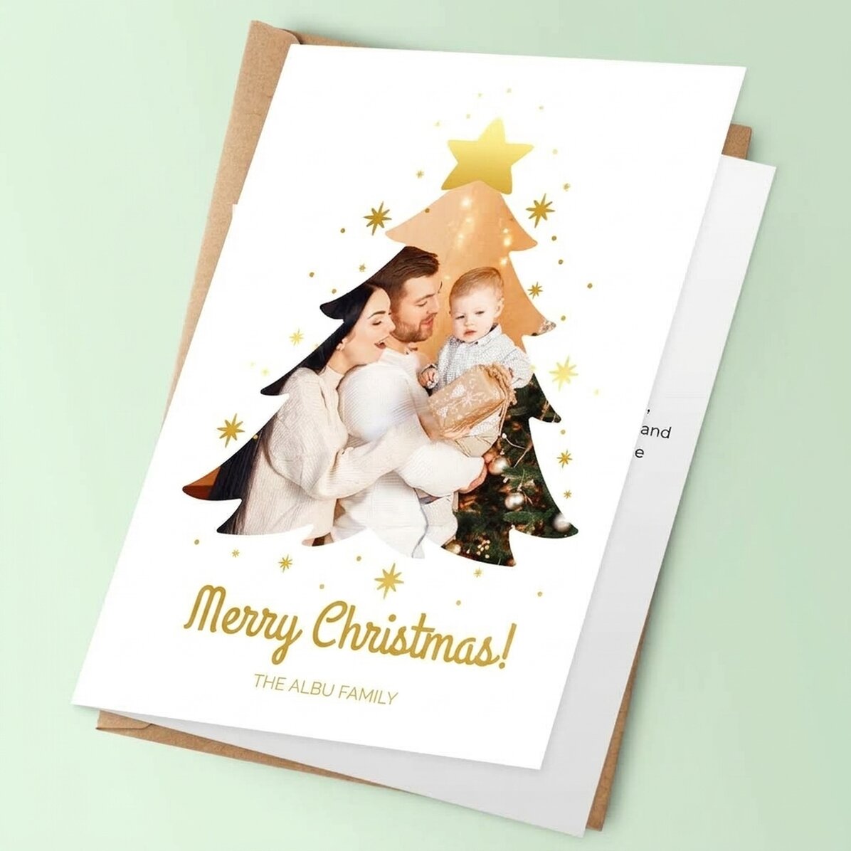 Tarjeta de felicitación personalizada con foto de familia y mensaje - Árbol de Navidad