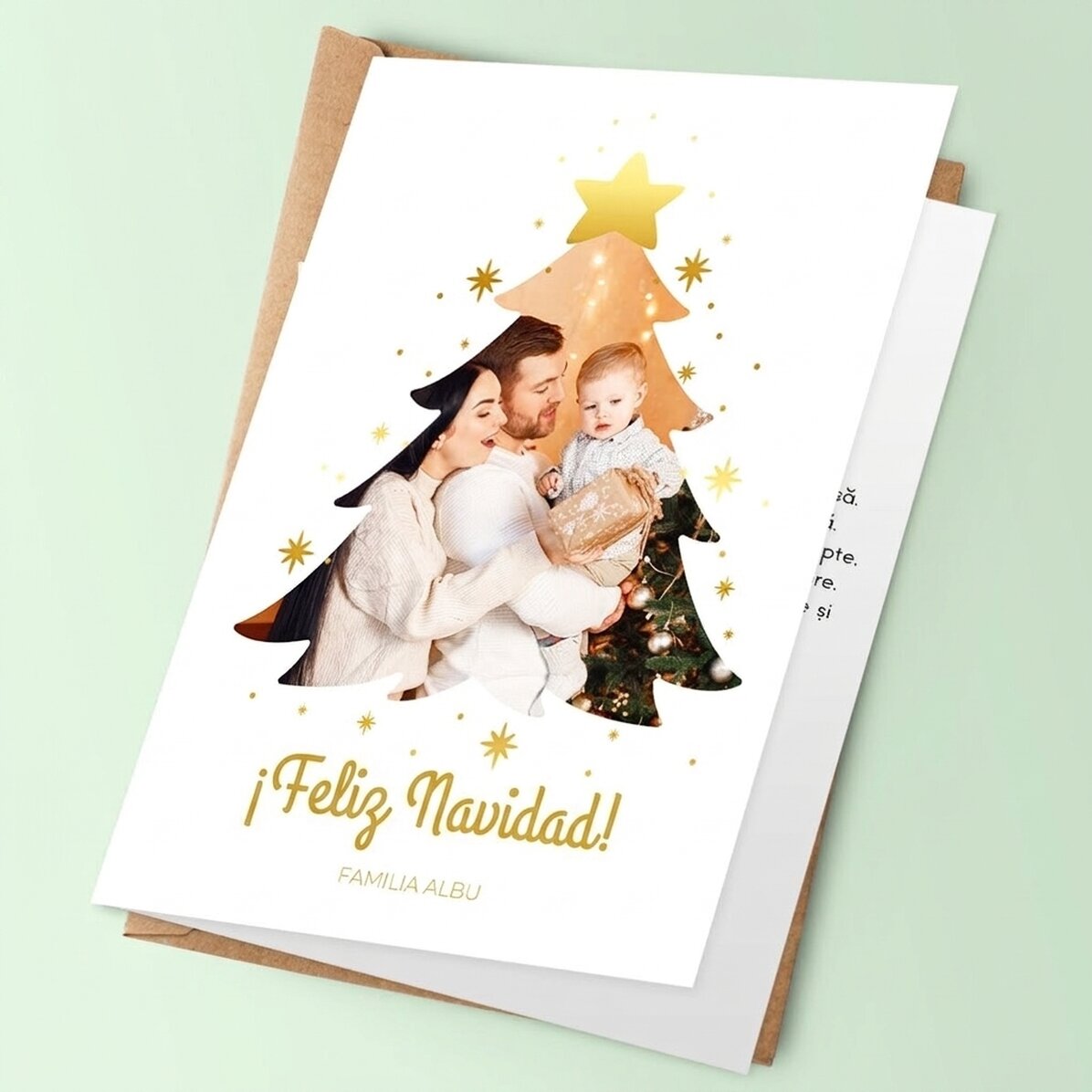 Tarjeta de felicitación personalizada con foto de familia y mensaje - Árbol de Navidad