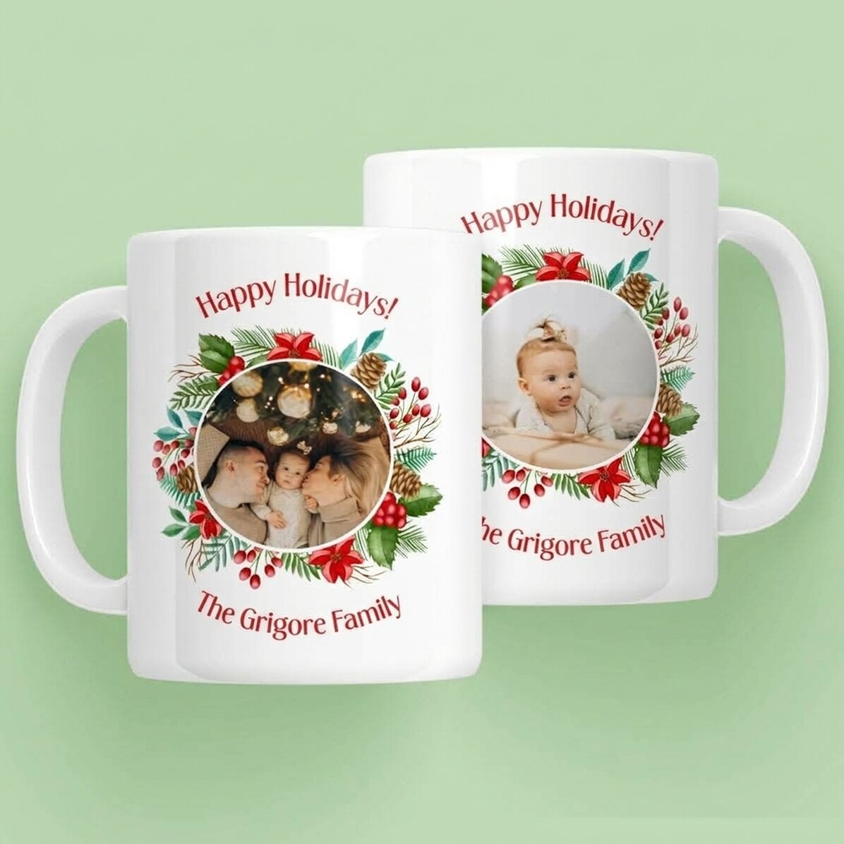 Taza personalizada con 2 fotos y un mensaje: ¡Felices fiestas!
