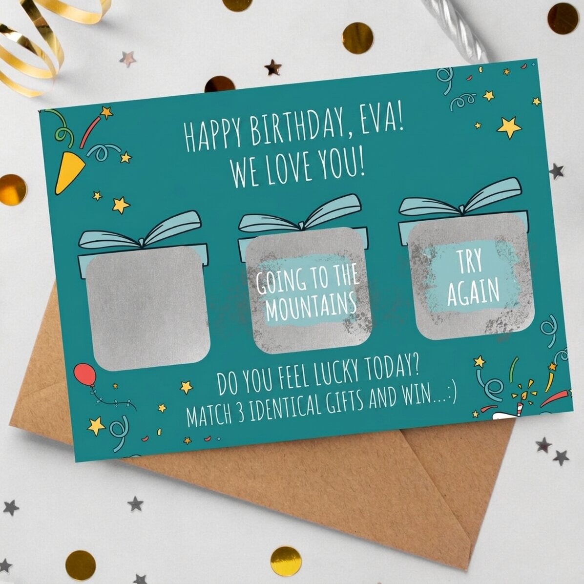 Tarjeta rasca y gana personalizada con mensaje: acierta 3 regalos y gana