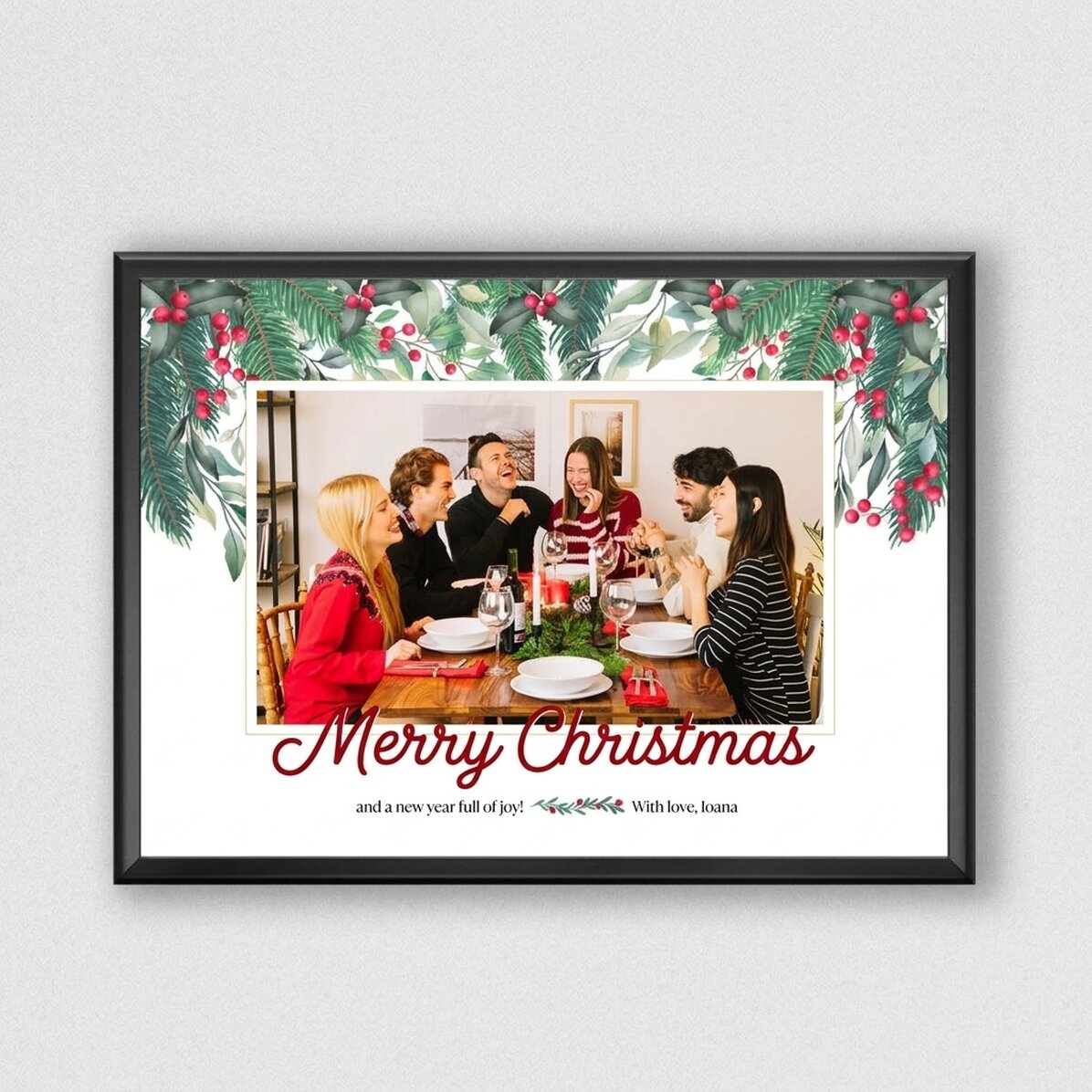Cuadro navideño personalizado con un texto y una foto de familia