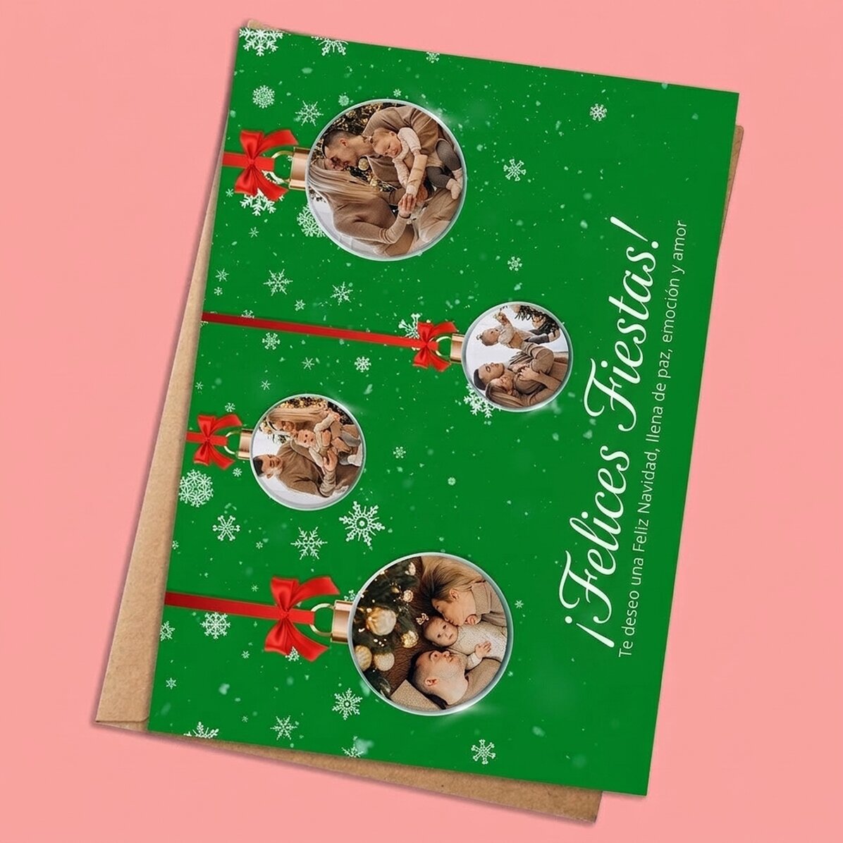 Tarjeta de Navidad personalizada con 4 fotos y texto - Modelo «Globulete»