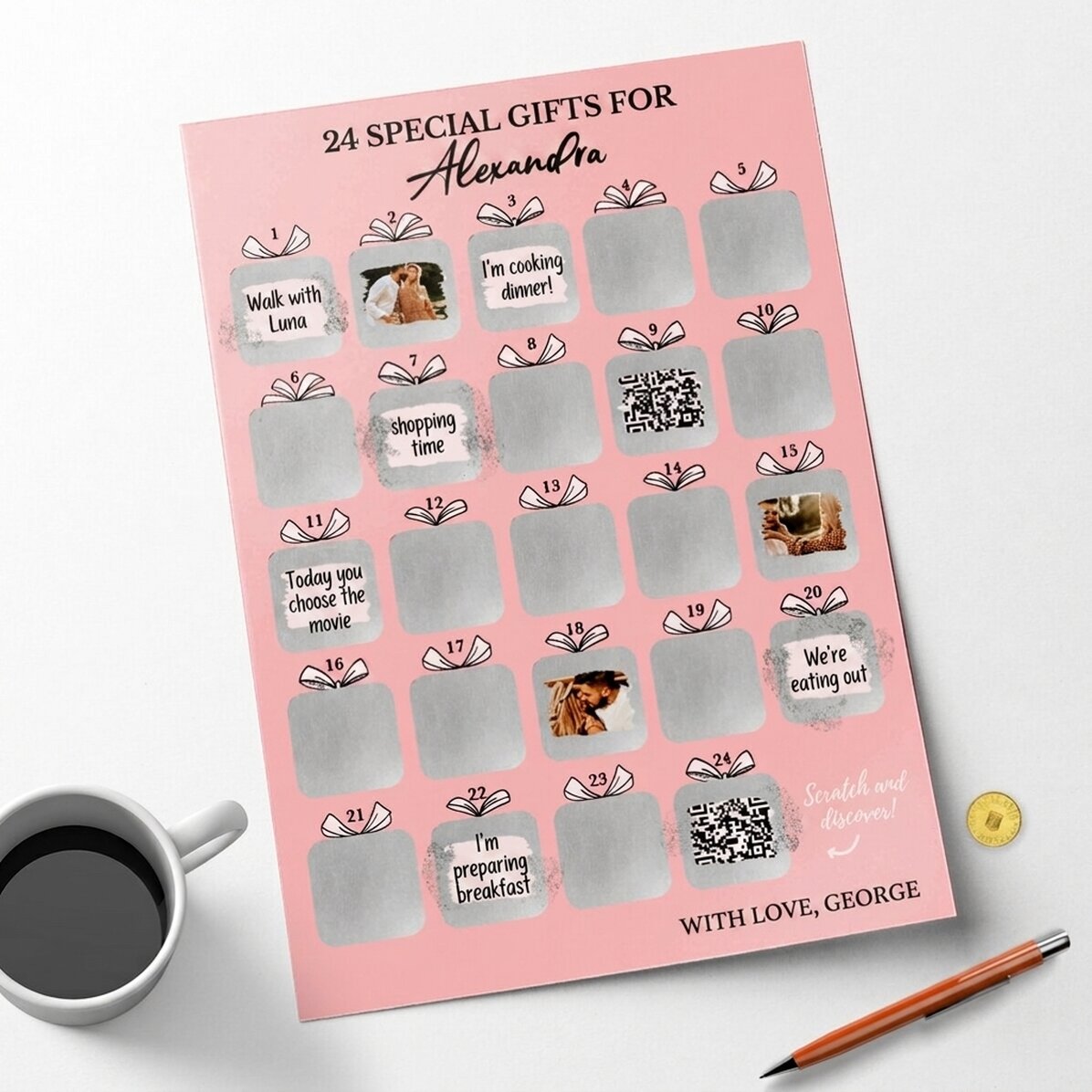 Póster de Adviento personalizable para rascar, con fotos, mensaje y código QR
