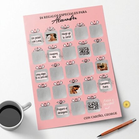 Póster de Adviento personalizable para rascar, con fotos, mensaje y código QR