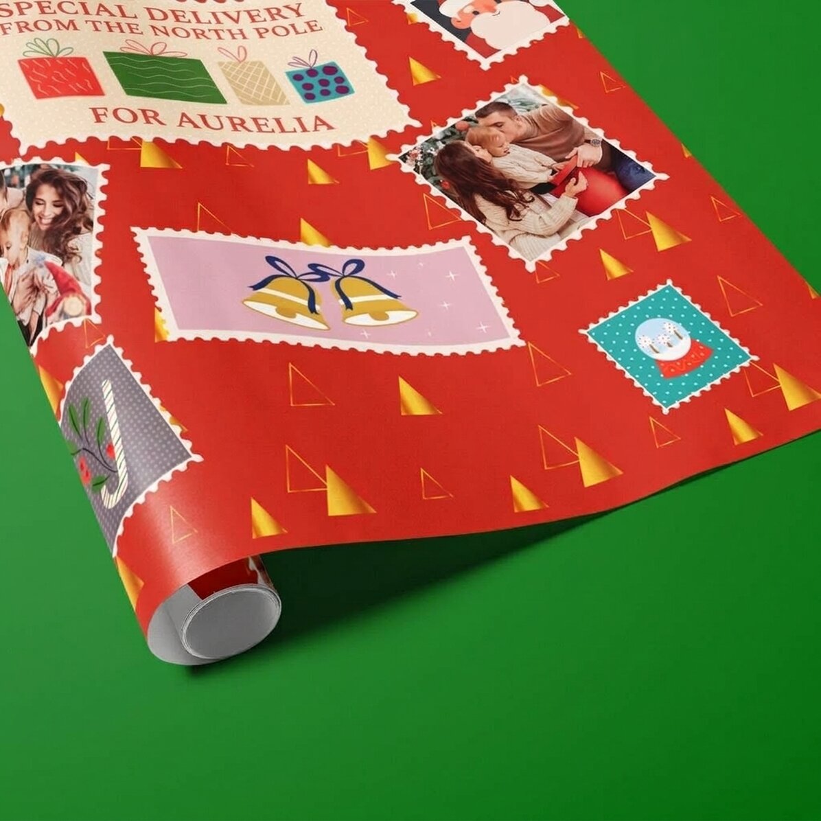 Papel de regalo personalizado con 4 fotos y texto - Sellos de Navidad