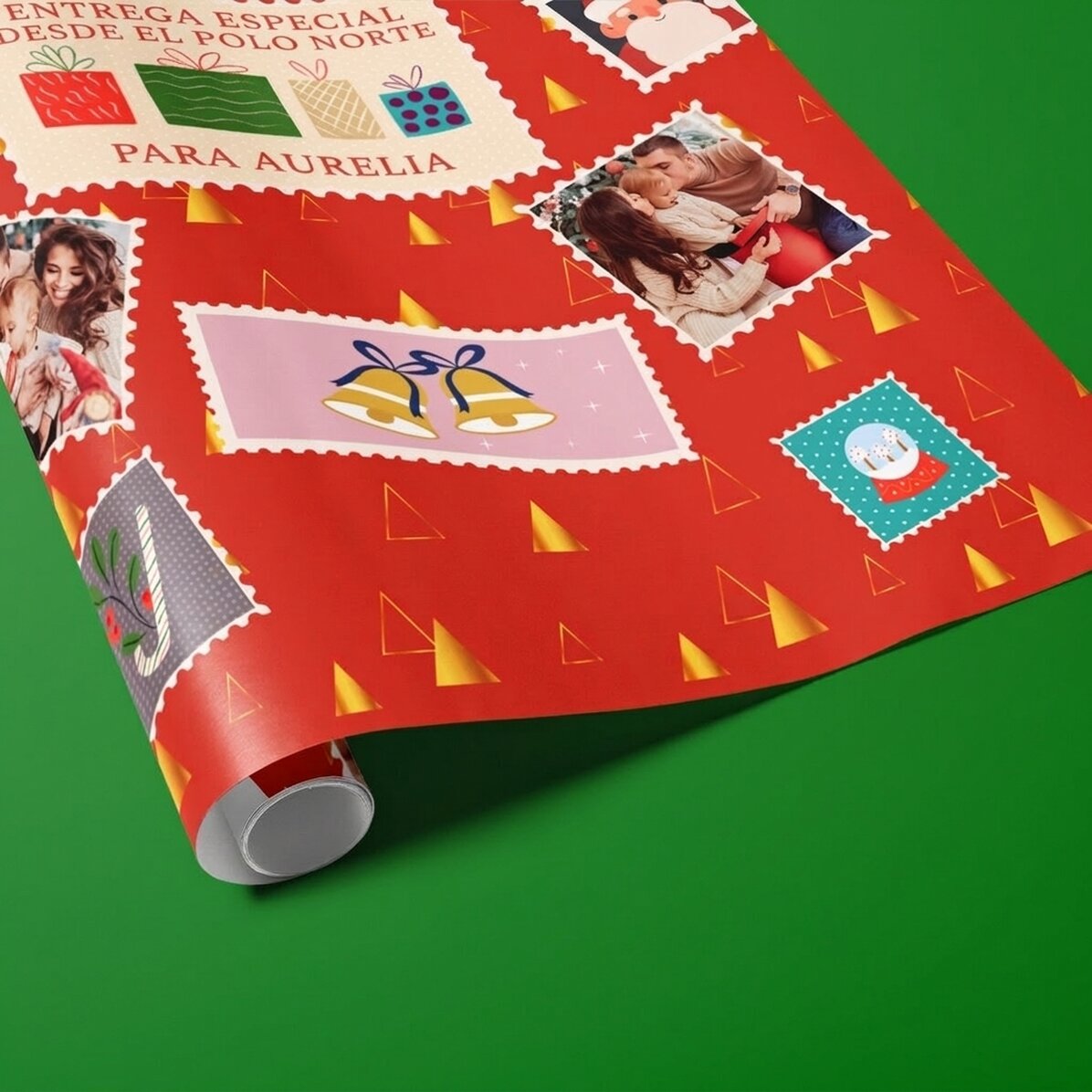 Papel de regalo personalizado con 4 fotos y texto - Sellos de Navidad