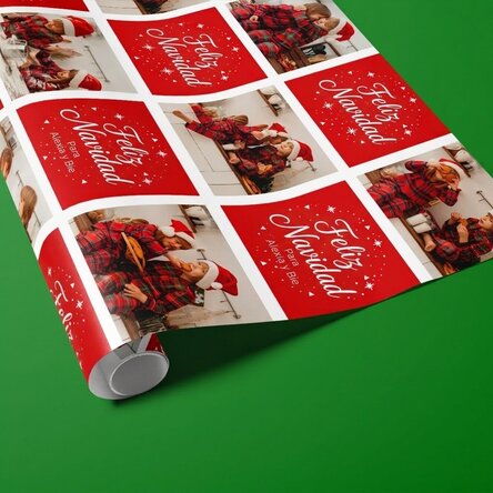 Papel de regalo personalizado con 12 fotos y texto: Cuadraditos y mensajes navideños