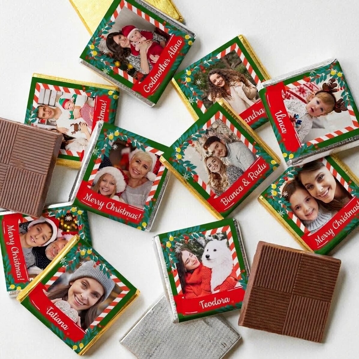 Lote de 10 minichocolates personalizados con fotos y nombres - Una Navidad de cuento