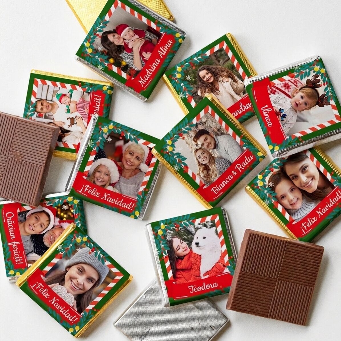 Lote de 10 minichocolates personalizados con fotos y nombres - Una Navidad de cuento