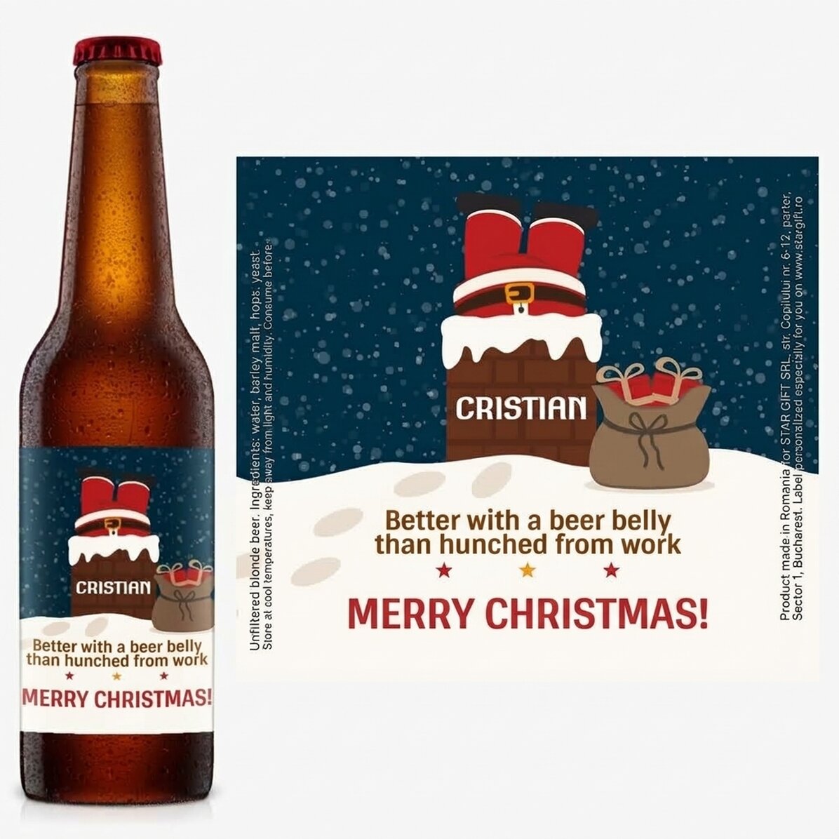 Cerveza personalizada con texto: Papá Noel en la chimenea