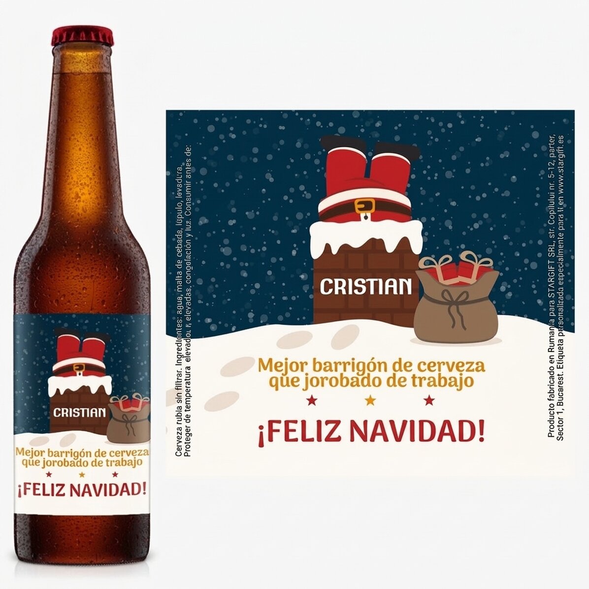 Cerveza personalizada con texto: Papá Noel en la chimenea