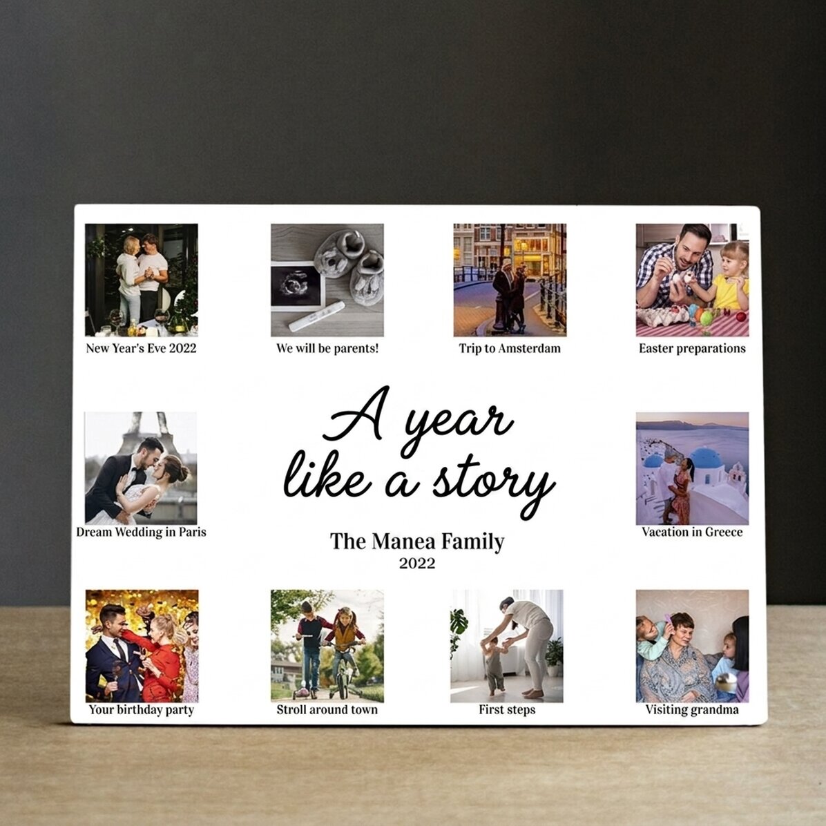 Marco de fotos de escritorio personalizado con 10 fotos y texto: «Un año como un cuento»