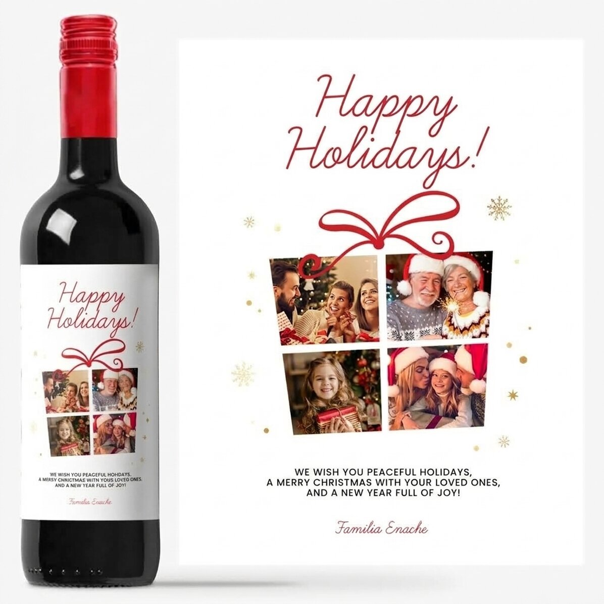 Vino personalizado con 4 fotos y un mensaje especial - Felices fiestas