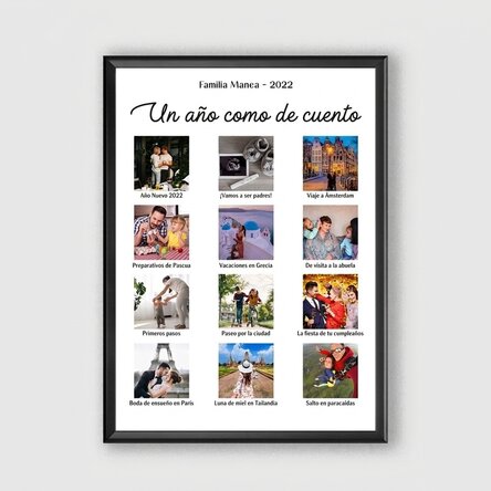 Cuadro personalizado con 12 fotos y texto: «Un año como un cuento»