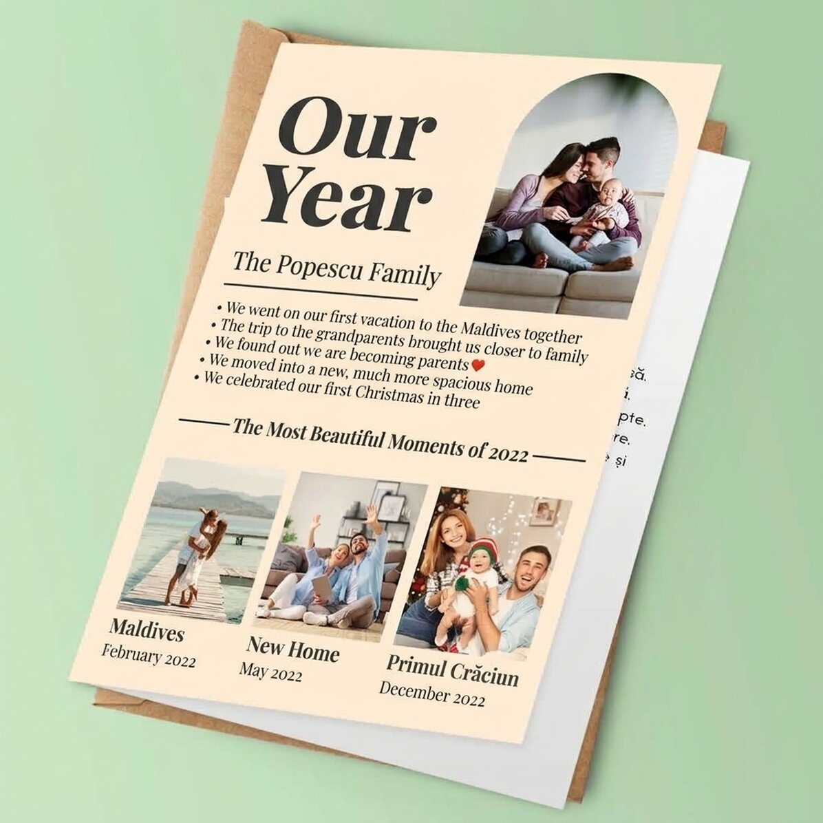 Tarjeta de felicitación personalizada con 4 fotos de familia y texto: «Nuestro año en imágenes»