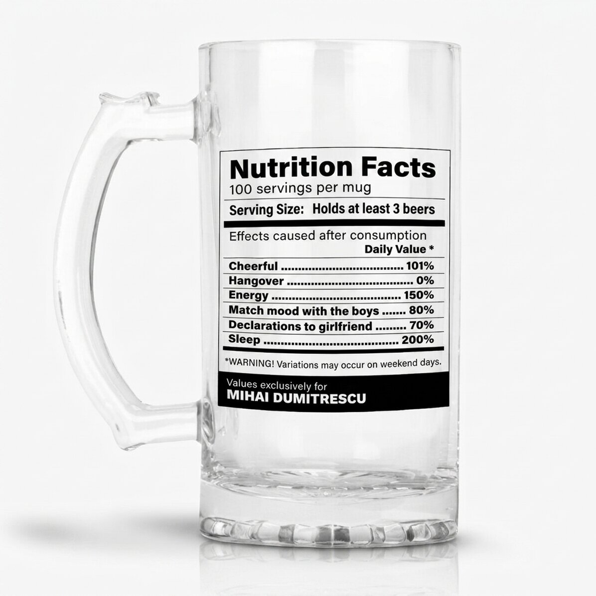Jarra de cerveza personalizada con texto: datos nutricionales divertidos