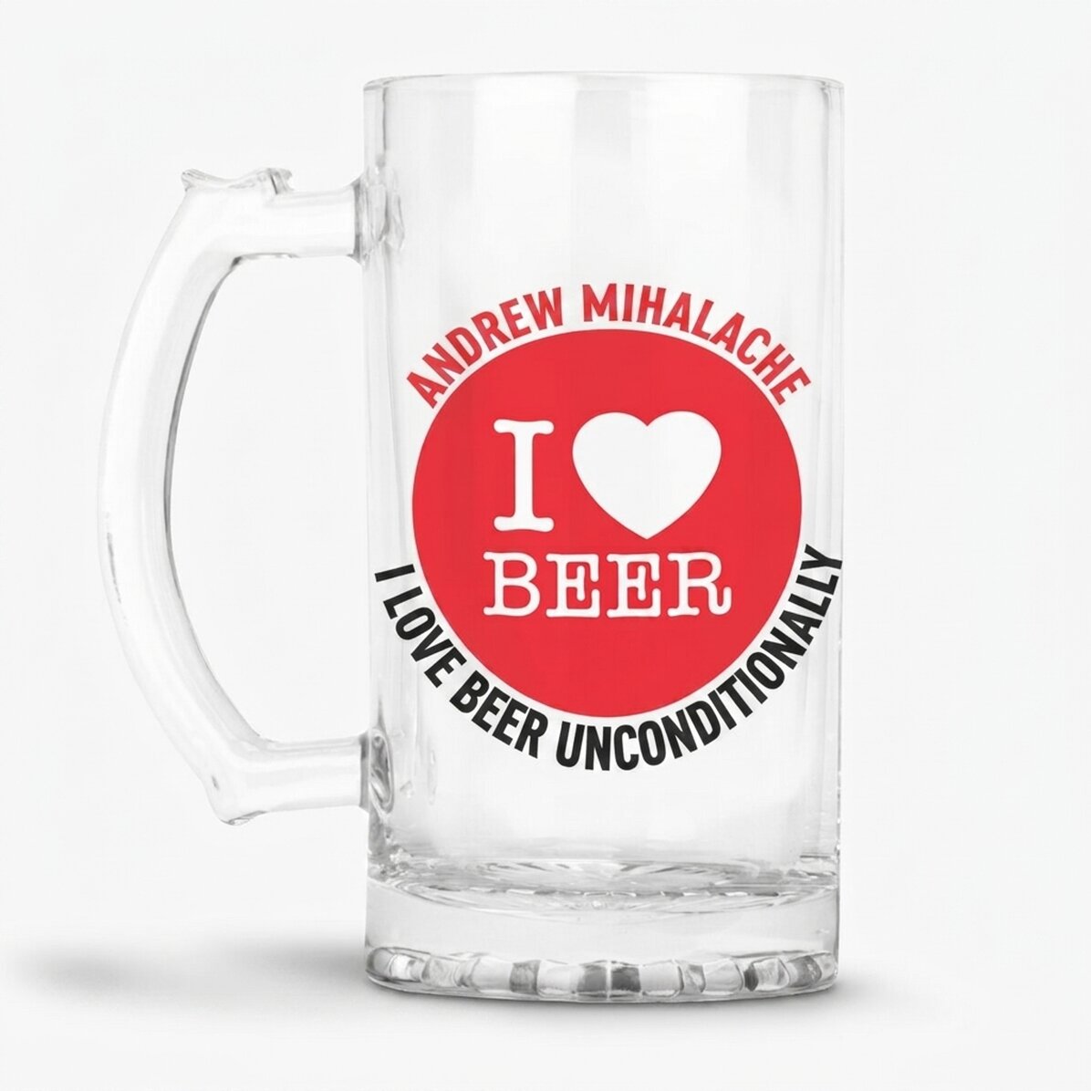 Jarra de cerveza personalizada con el texto «I love beer»