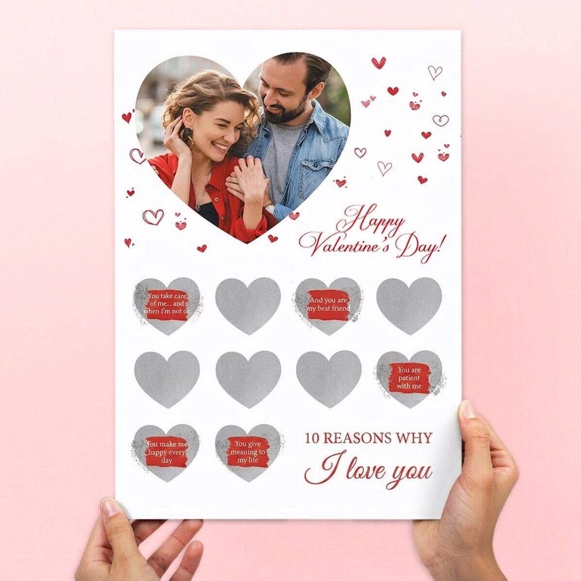 Póster personalizable para rascar con una foto y un texto: «10 razones por las que te quiero»
