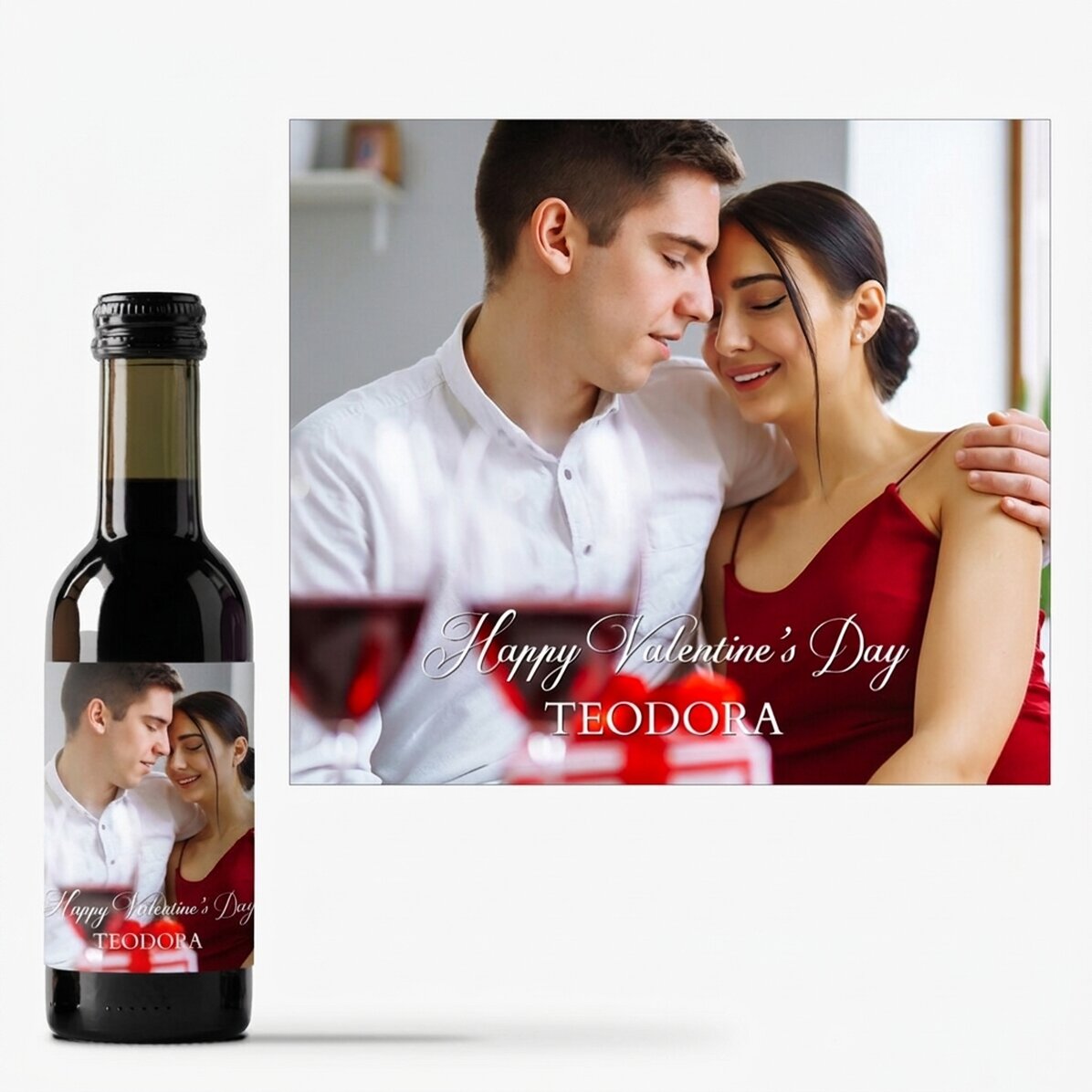 Mini botella de vino personalizada con una foto y un texto