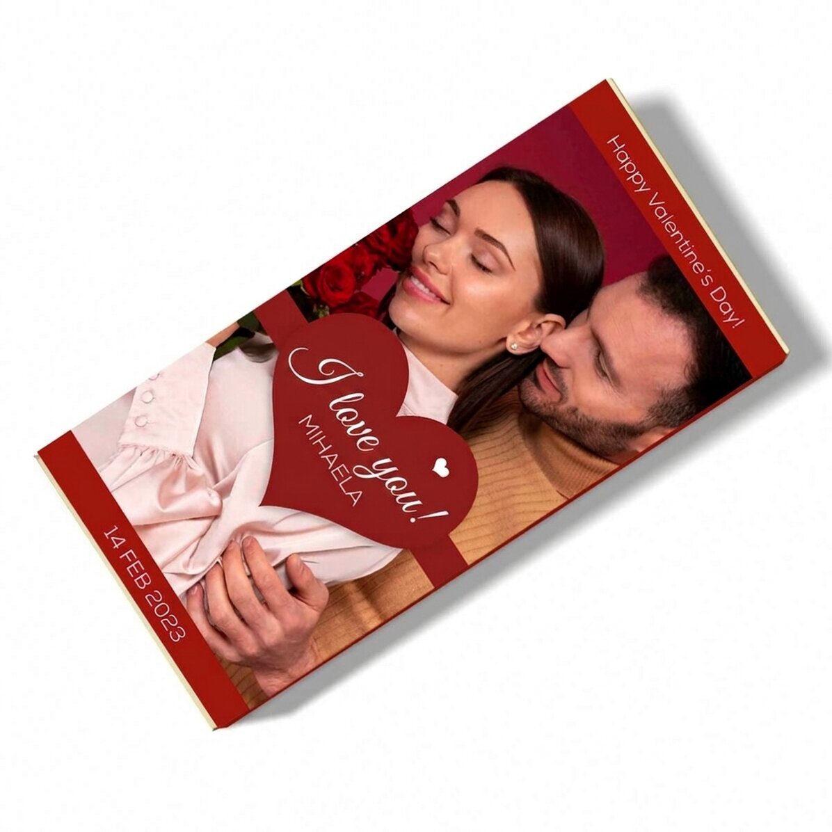 Chocolate personalizado con una foto y un mensaje: «Te quiero»