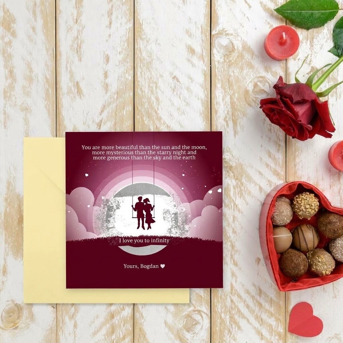 Tarjeta rasca y gana personalizada con mensaje: Paisaje nocturno de San Valentín