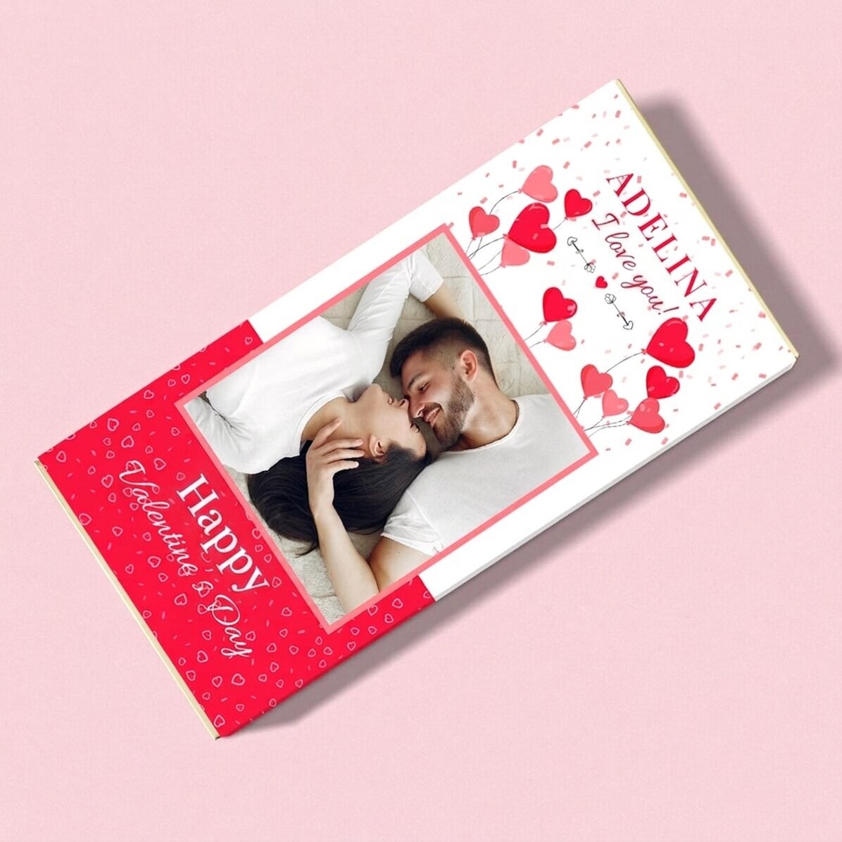 Chocolate personalizado con una foto y un texto - Globos y corazoncitos