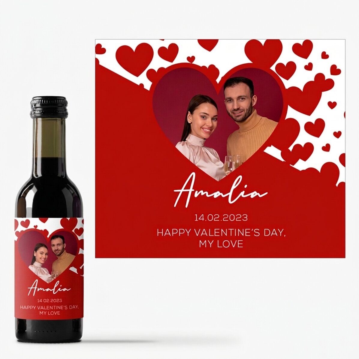 Mini botella de vino personalizada con una foto y un texto: «Te quiero»