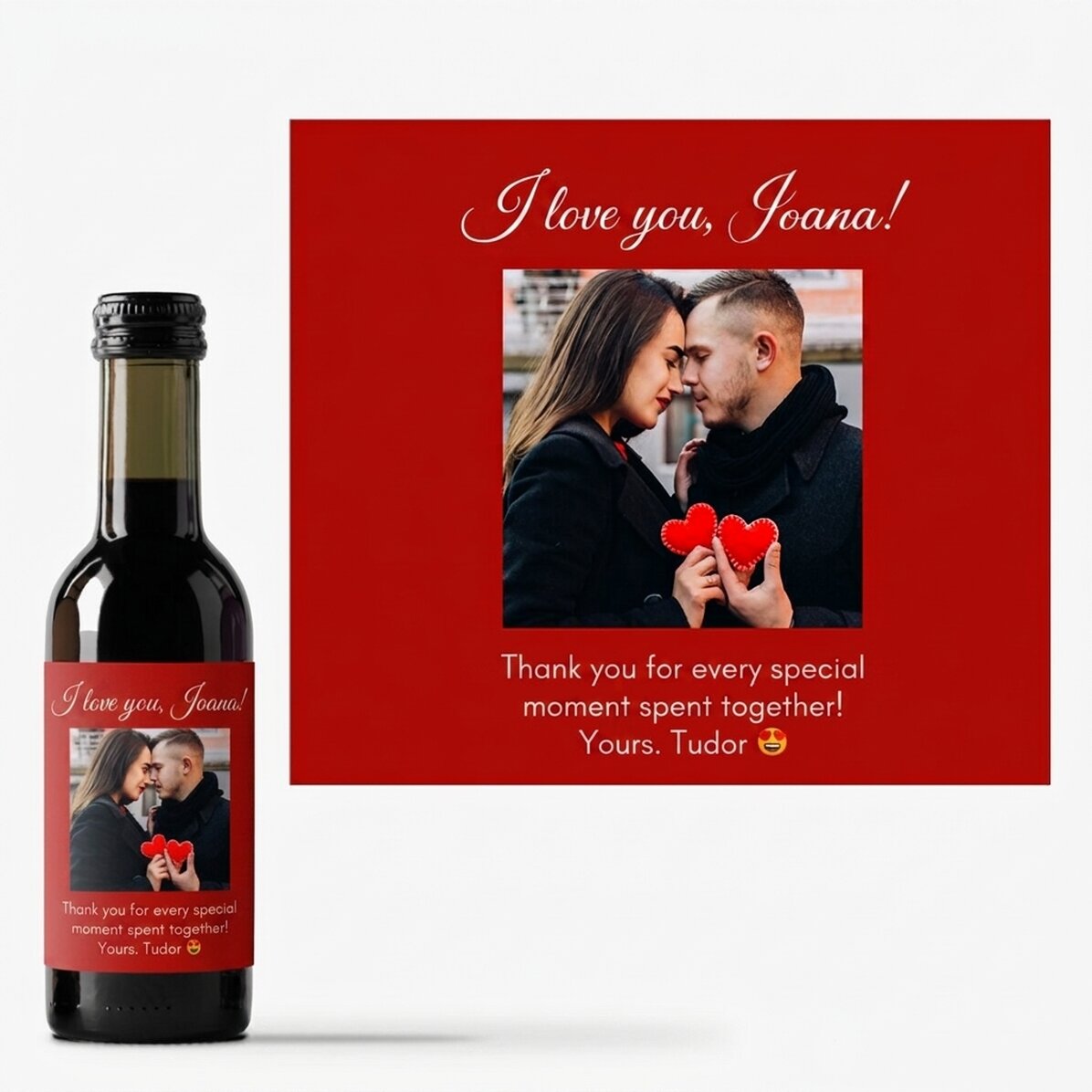 Mini botella de vino personalizada con una foto y un mensaje para tus seres queridos